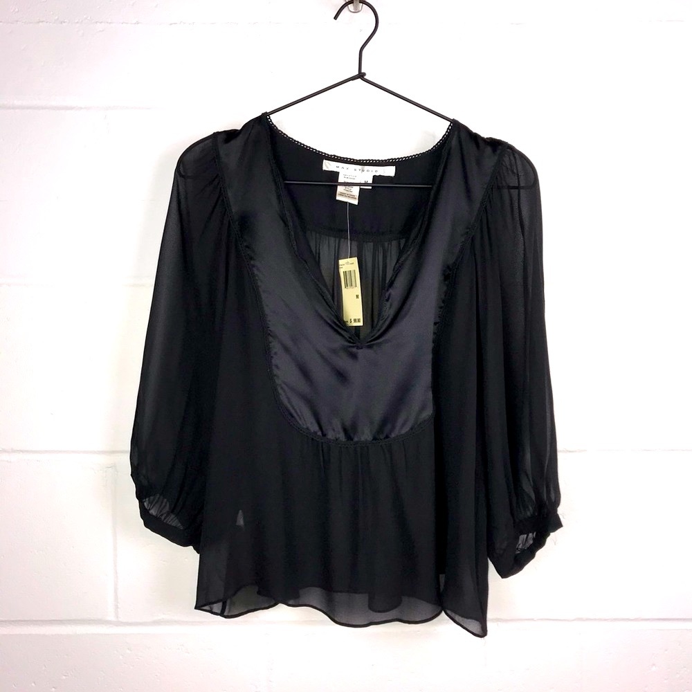 NWT Max Studio Sheer Tuxedo Blouse Black Silk Size Medium - Picture 3 of 8